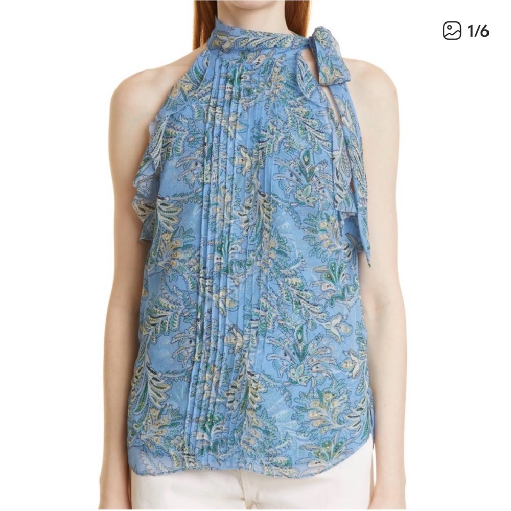 Veronica Beard Dali Floral Blue 100% Silk Tie- Neck Blouse Size 6